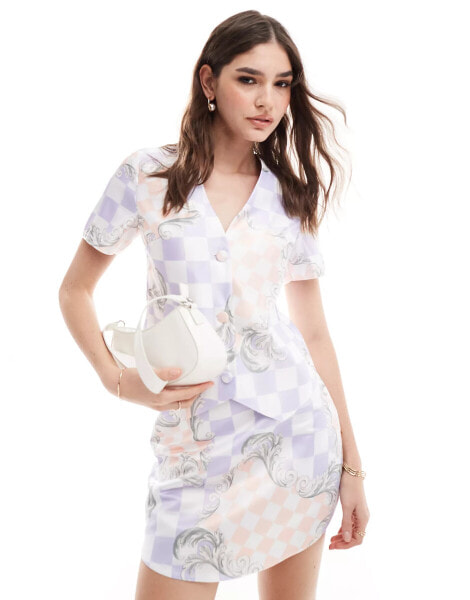 ASOS DESIGN satin shirt co-ord in purple grid print