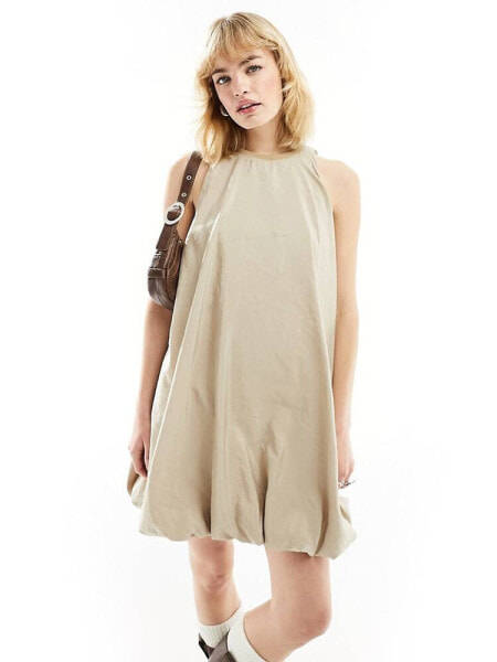 ASOS DESIGN puff ball mini dress in taupe