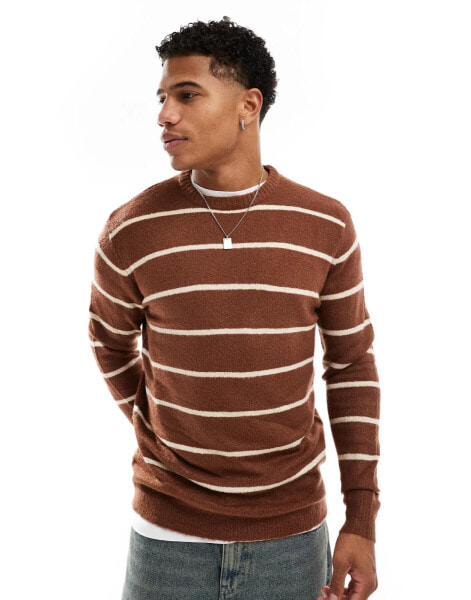 Brave Soul super soft touch relaxed fit stripe jumper in brown