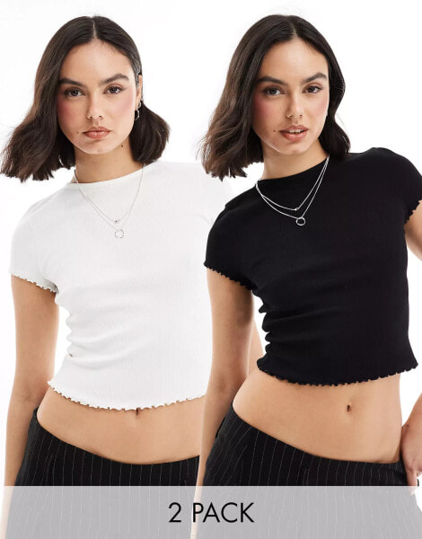 Miss Selfridge short sleeve ribbed lettuce edge t-shirt 2 pack in black and white