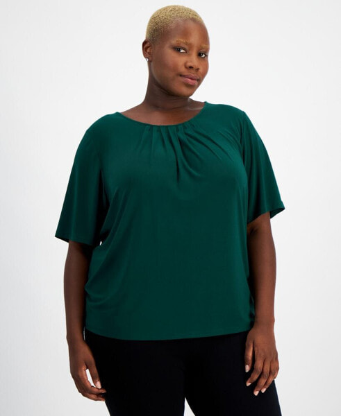 Plus Size Pleated-Scoop-Neck Short-Sleeve Blouse