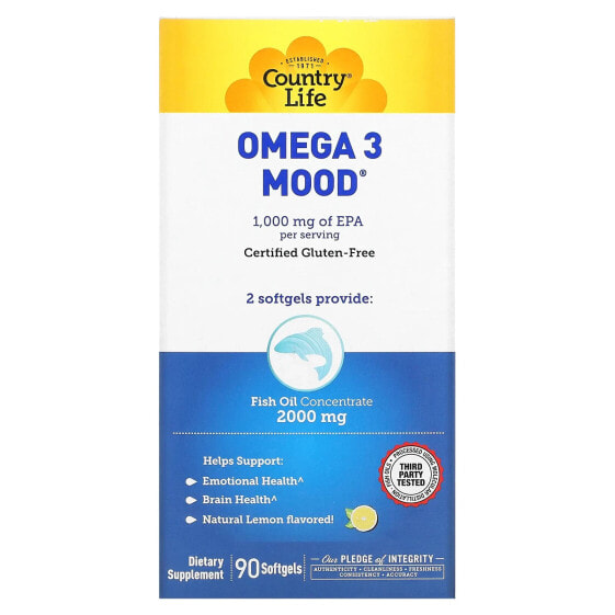 Кантри Лайф, Omega 3 Mood, натуральный ароматизатор со вкусом лимона, 90 мягких желатиновых капсул