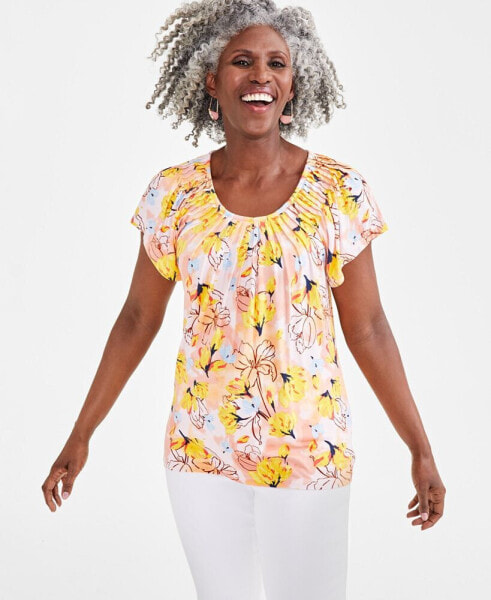 Petite Floral Pleat-Neck Knit Top, Created for Macy's