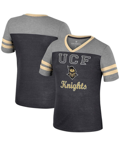 Big Girls Black, Heather Gray UCF Knights Summer Striped V-Neck T-shirt