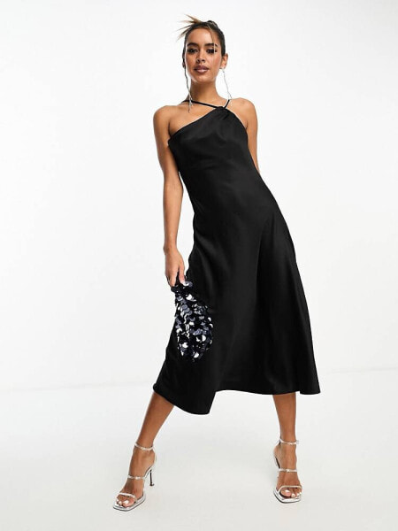 Anaya  one shoulder cami midi dress in Black