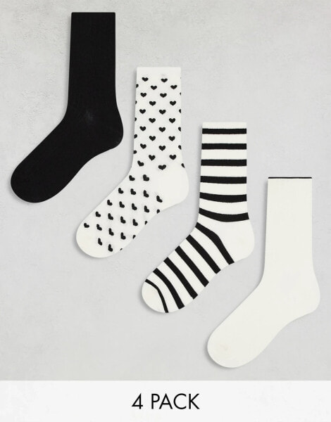 Lindex – 4er-Pack Socken mit verschiedenen Mustern in Schwarz/Weiß