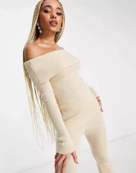 Missyempire ribbed knit off the shoulder co ord top in stone