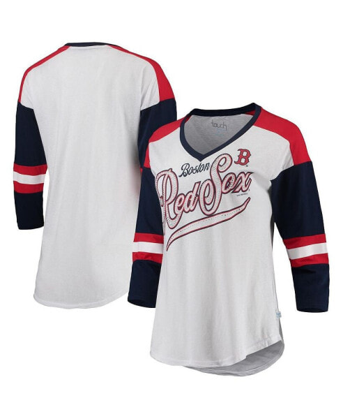 Women's White and Navy Boston Red Sox Base Runner 3/4-Sleeve V-Neck T-shirt