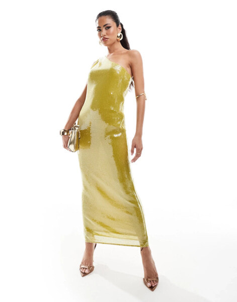 ASOS DESIGN sheer sequin one shoulder midi dress in chartreuse