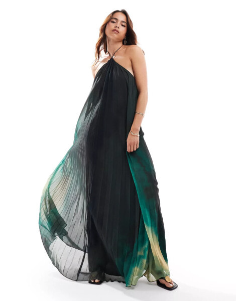 ASOS DESIGN beaded halterneck pleated maxi in abstract dye print