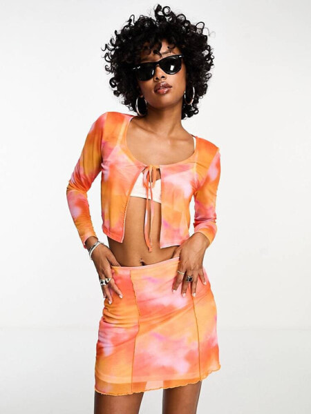 Only mesh tie front top co-ord in orange tie dye