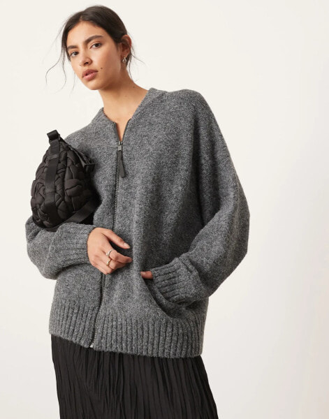 ASOS EDITION compact knit zip through cardigan in charcoal grey