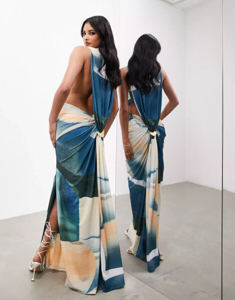 ASOS EDITION sleeveless drape detail maxi dress with plate trim in blue abstract print