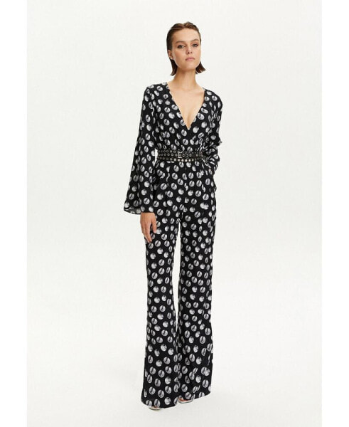 Women's Printed V-Neck Belted Jumpsuit