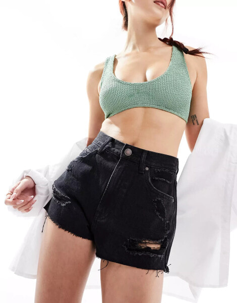 Pull&Bear high waisted ripped Mom denim shorts in black