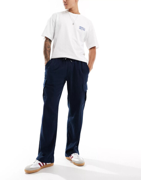 Jack & Jones wide fit linen mix cargo trouser in navy