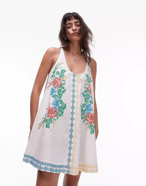 Topshop mini cross stitch embroidered strappy dress in multi