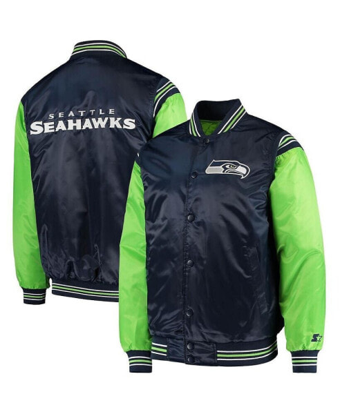 Men's College Navy, Neon Green Seattle Seahawks Enforcer Satin Varsity Full-Snap Jacket