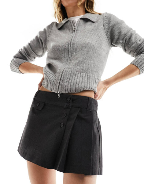 Pull&Bear pleated tailored micro mini skirt in dark grey