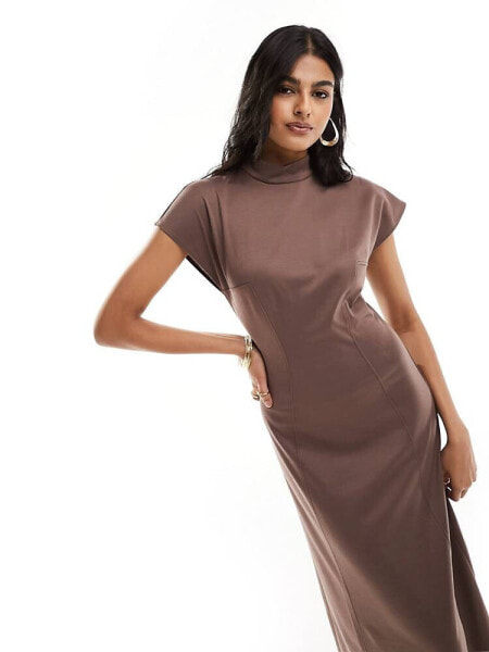 ASOS DESIGN high neck midi dress with capped sleeve & seam detail in taupe