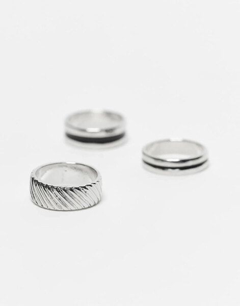 Faded Future pack of 3 band rings with enamel detail in silver