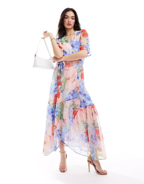 Hope & Ivy ruffle wrap maxi dress in blue & pink floral