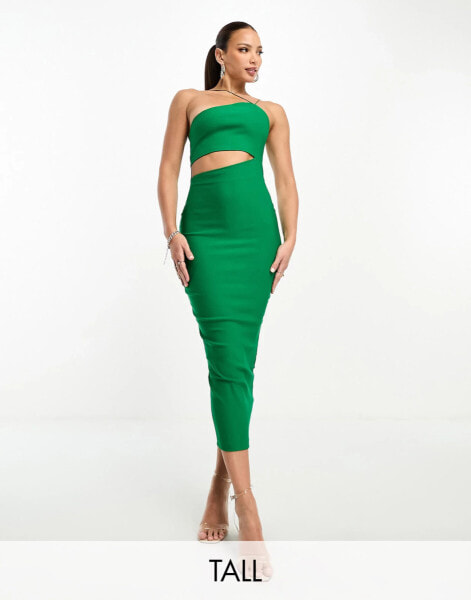 Vesper Tall asymmetric halterneck midi cut out dress in green