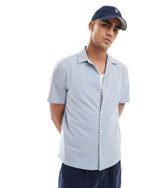 River Island short sleeve seersucker shirt in blue stripe