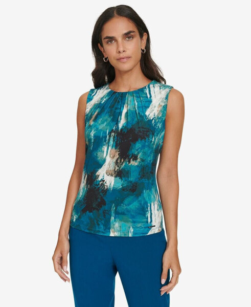 Women's Printed Pleated-Neck Sleeveless Top