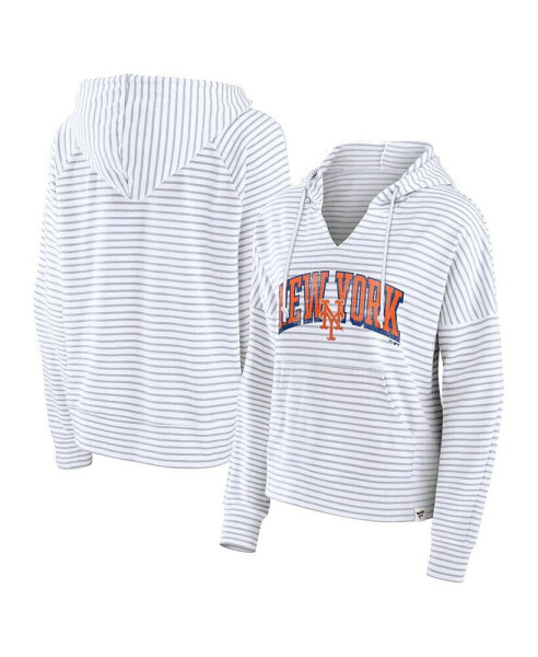 Women's White New York Mets Striped Fundamentals Notch Neck Pullover Hoodie