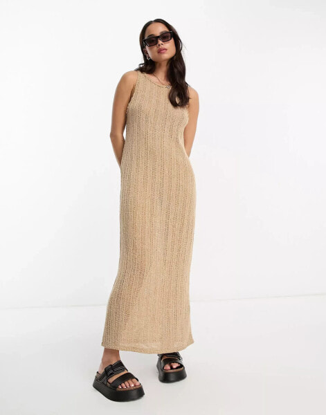 Pull&Bear textured sleeveless column maxi dress in light brown