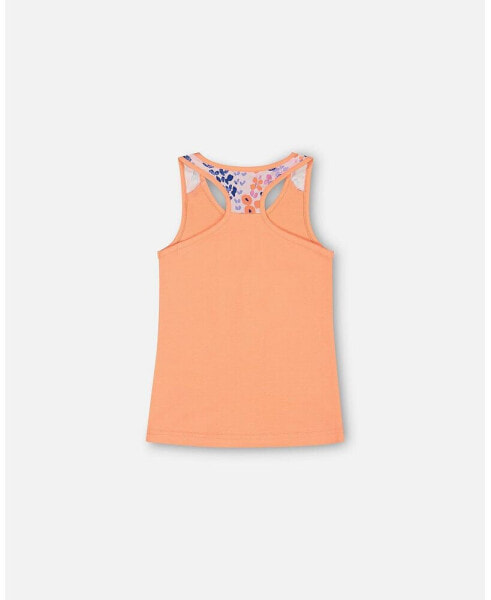 Girl Organic Cotton Tank Top With Print Salmon Orange - Child