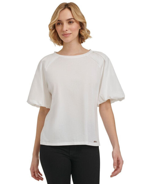 Women's Mixed Media Puff Sleeve Top