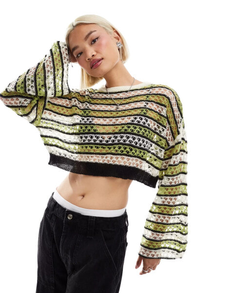 Noisy May open knit cropped jumper with wide sleeve in cream & green