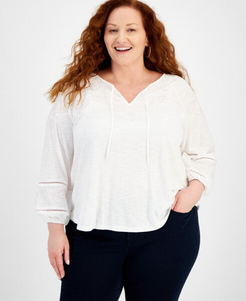 Plus Size Embroidered Eyelet-Trim Top, Created for Macy's