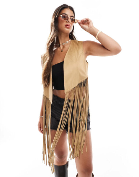 Stradivarius western vest with fringe detail in stone