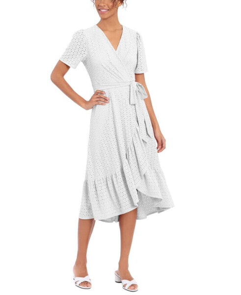 Petite Eyelet Faux-Wrap Midi Dress