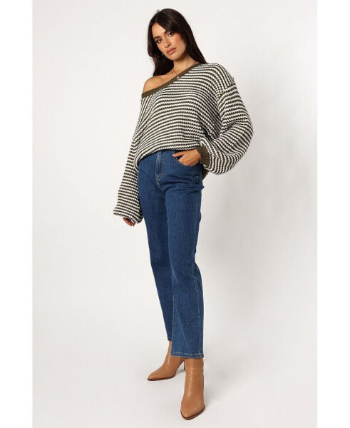 Women's Becca Crewneck Waffle Stitch Stripe Knit Sweater