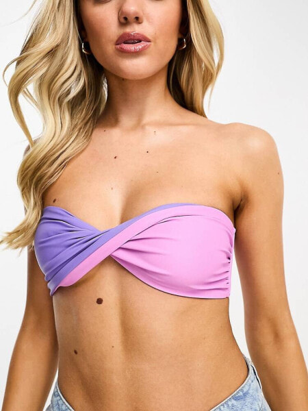 Noisy May twist bandeau bikini top in lilac and pink