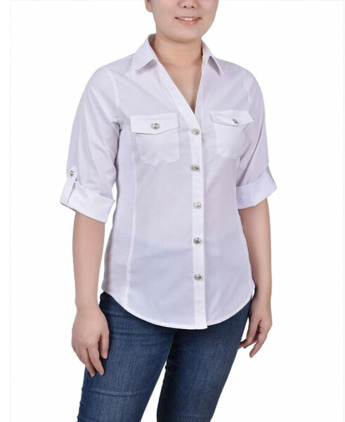 Petite Roll Tab Blouse with Rib Insets