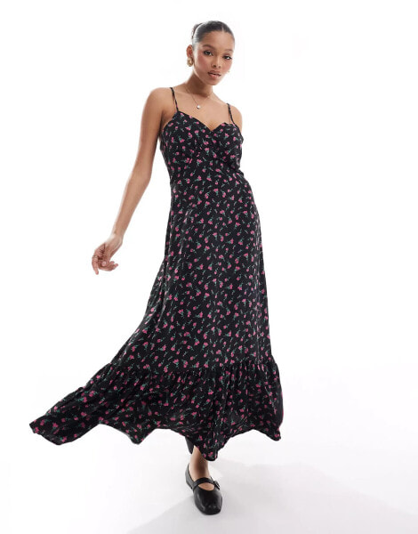 Brave Soul floral strappy midi dress in black