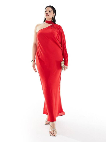 ASOS DESIGN Curve exclusive one sleeve tie neck maxi dress with batwing detail in red