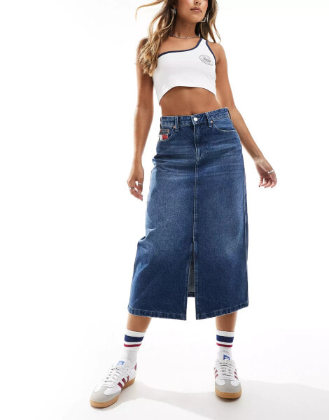 Tommy Jeans Claire denim midi skirt in mid wash