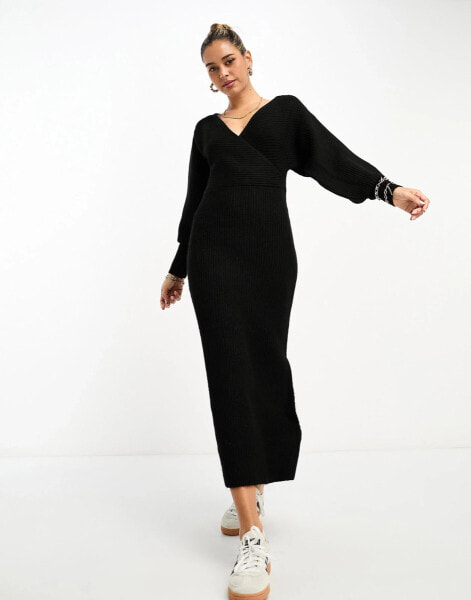 River Island wrap knitted maxi dress in black