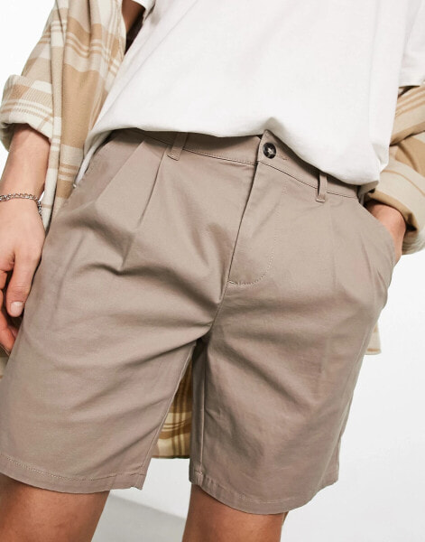 ASOS DESIGN pleated shorts in mid length in light grey