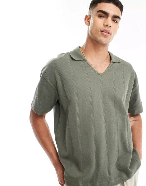 ASOS DESIGN oversized rib polo with rib neck in khaki