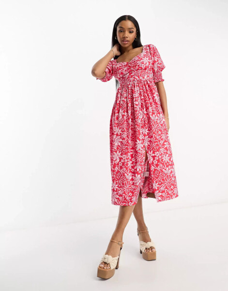 Influence button front midi dress in pink floral print