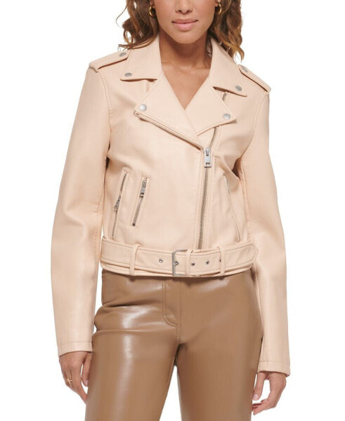 Women's Faux-Leather Belted Hem Moto Jacket