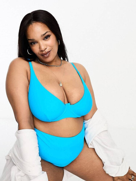 ASOS DESIGN Curve mix and match step front underwired bikini top in bright blue