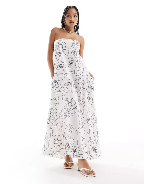 ASOS DESIGN clean bandeau maxi dress in black and white floral sketchy print